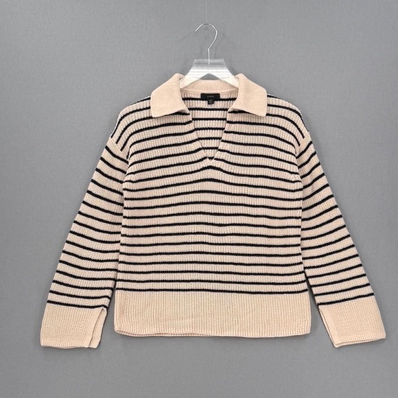 J.Crew Sweaters - J CREW Relaxed Collared Sweater in Stripe Womens XS Cream Black Polo Preppy